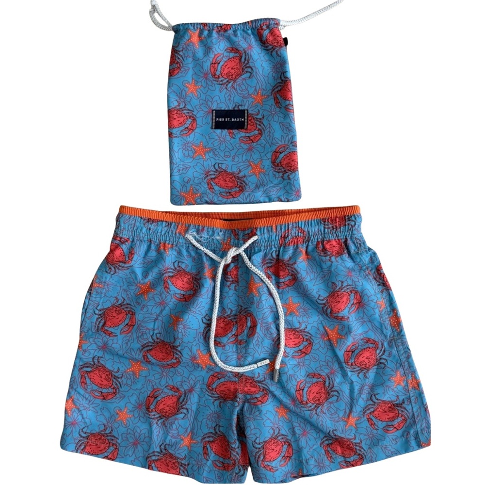 Pier St. Barth Men’s Swim Shorts – Crab Print – Size S + Matching Pouch